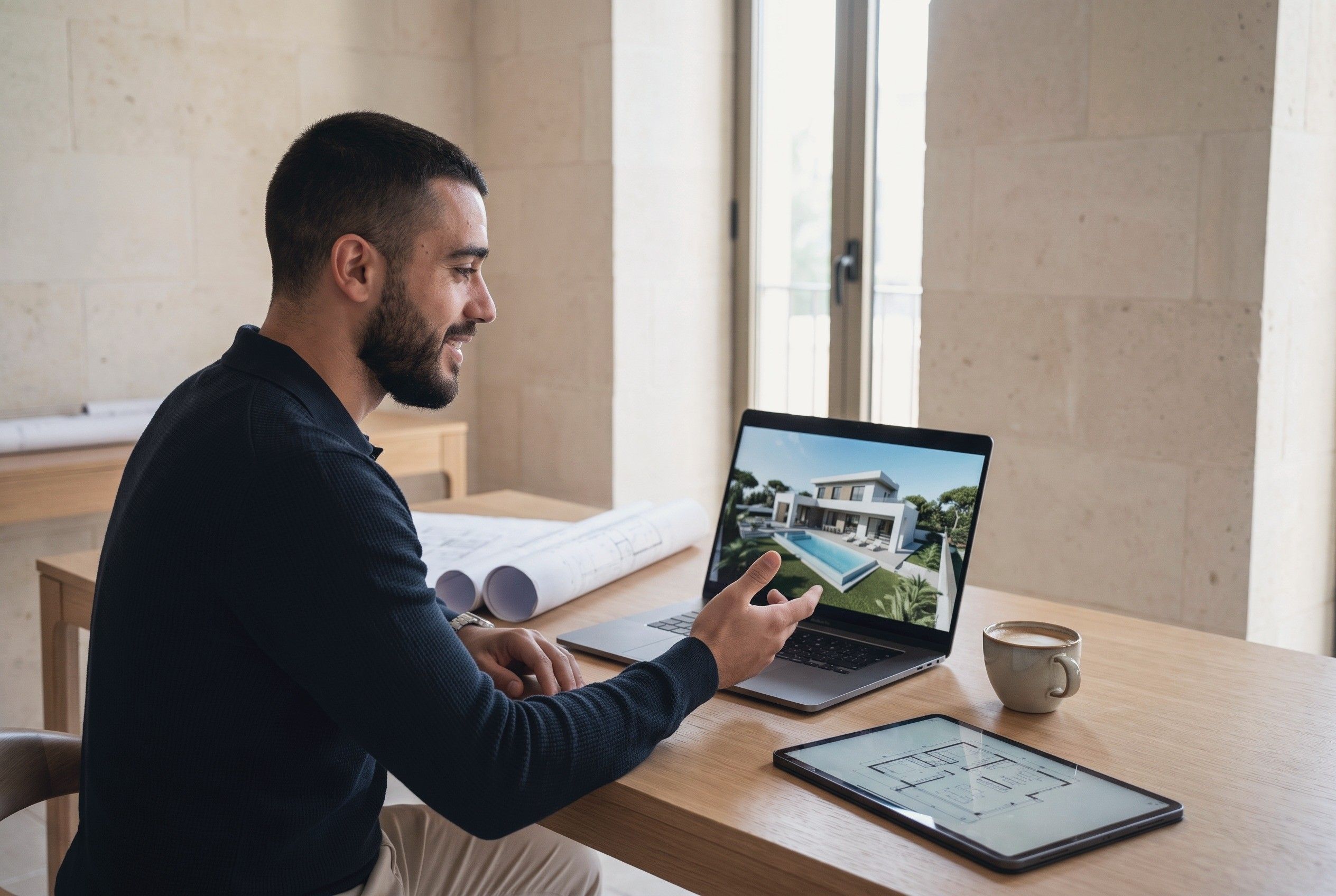 Moslim Khattoume on a video call, showing a client a 3D visualisation of a villa on his laptop