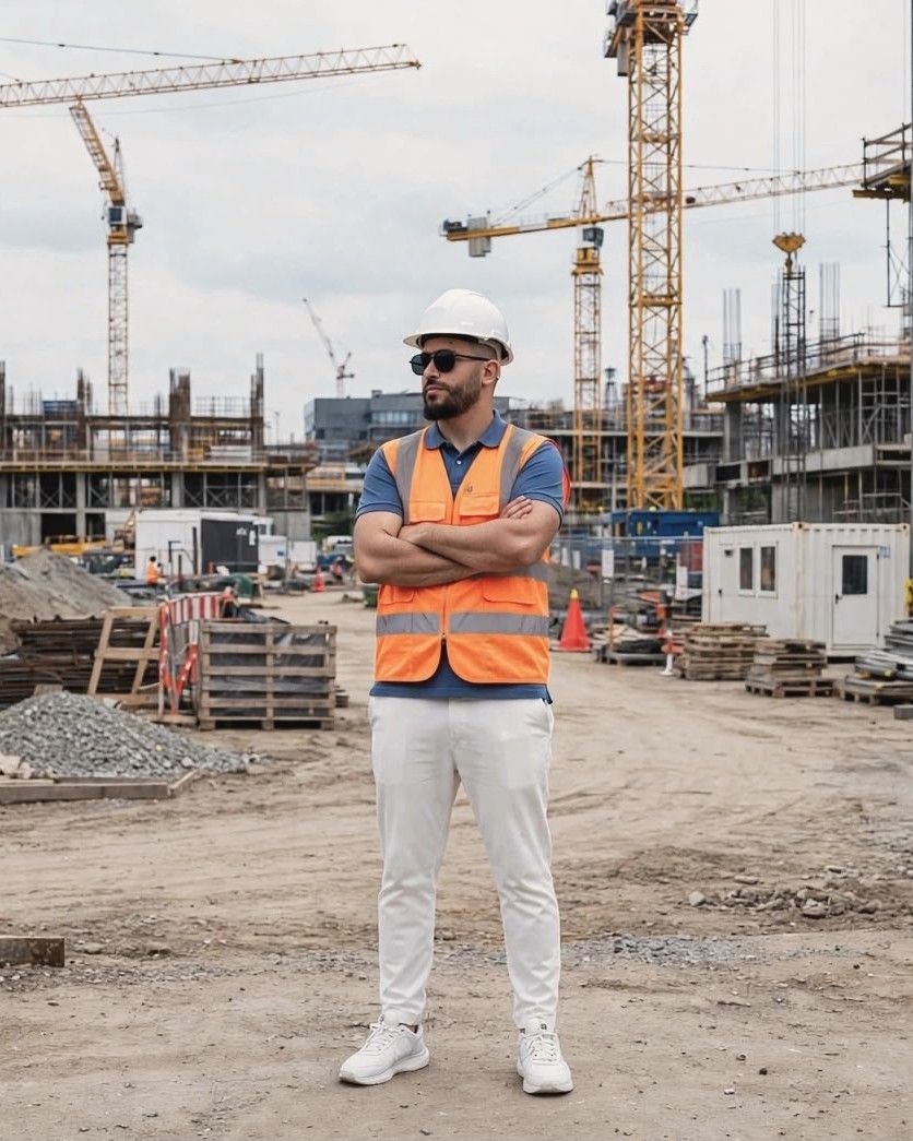 Moslim Khattoume standing with his arms crossed on a construction site, in a white hard hat and a high-visibility vest
