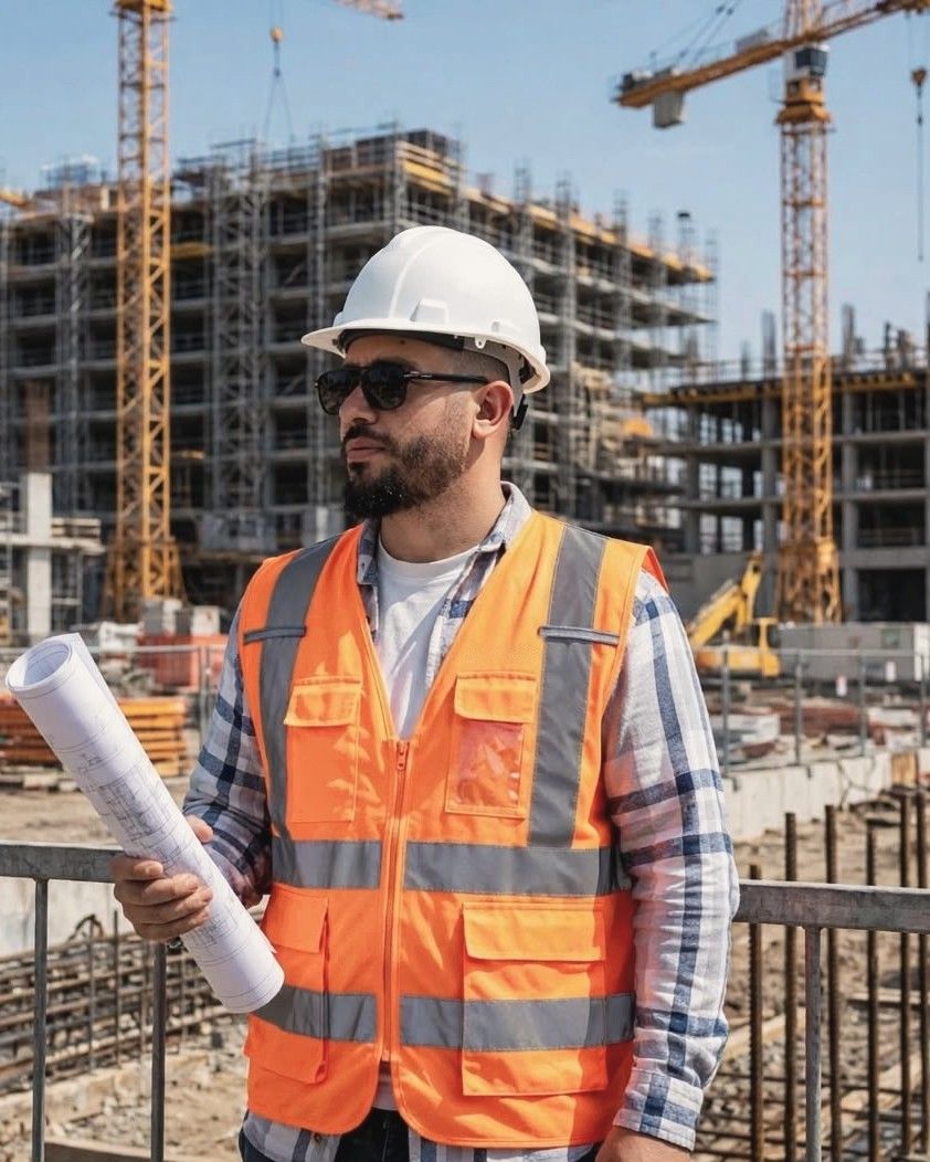 Moslim Khattoume holding rolled drawings on a construction site, cranes and a concrete frame behind him
