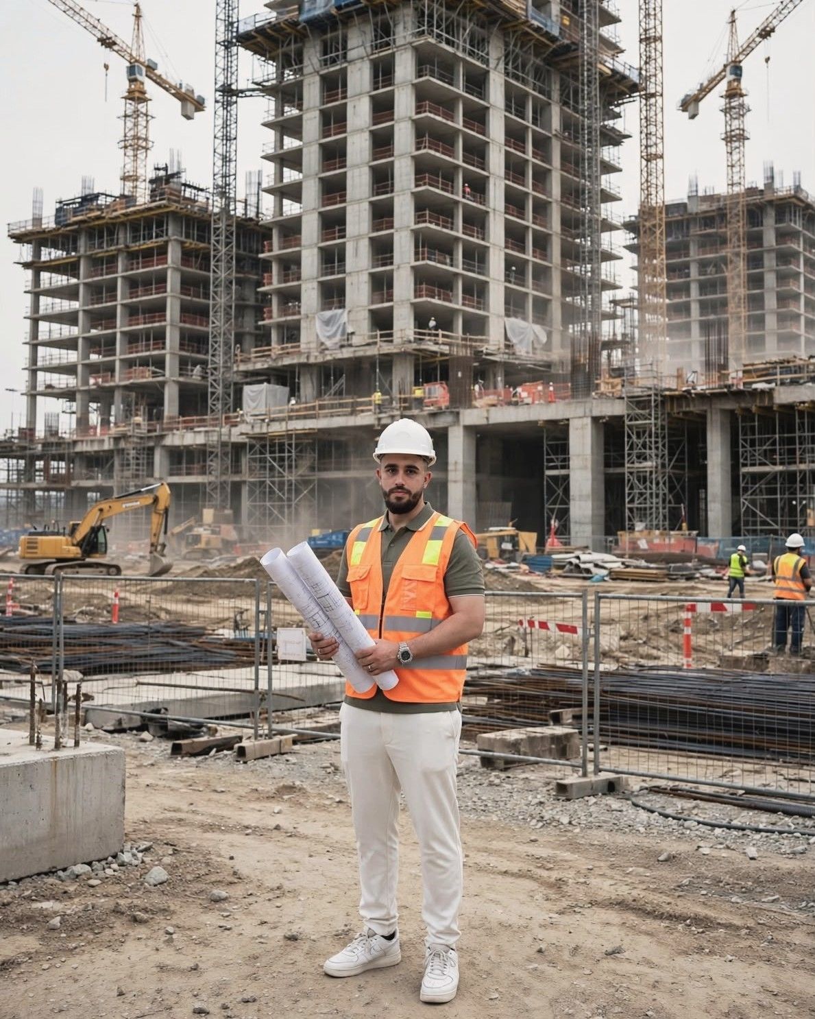 Moslim Khattoume holding rolled drawings in front of a concrete tower under construction