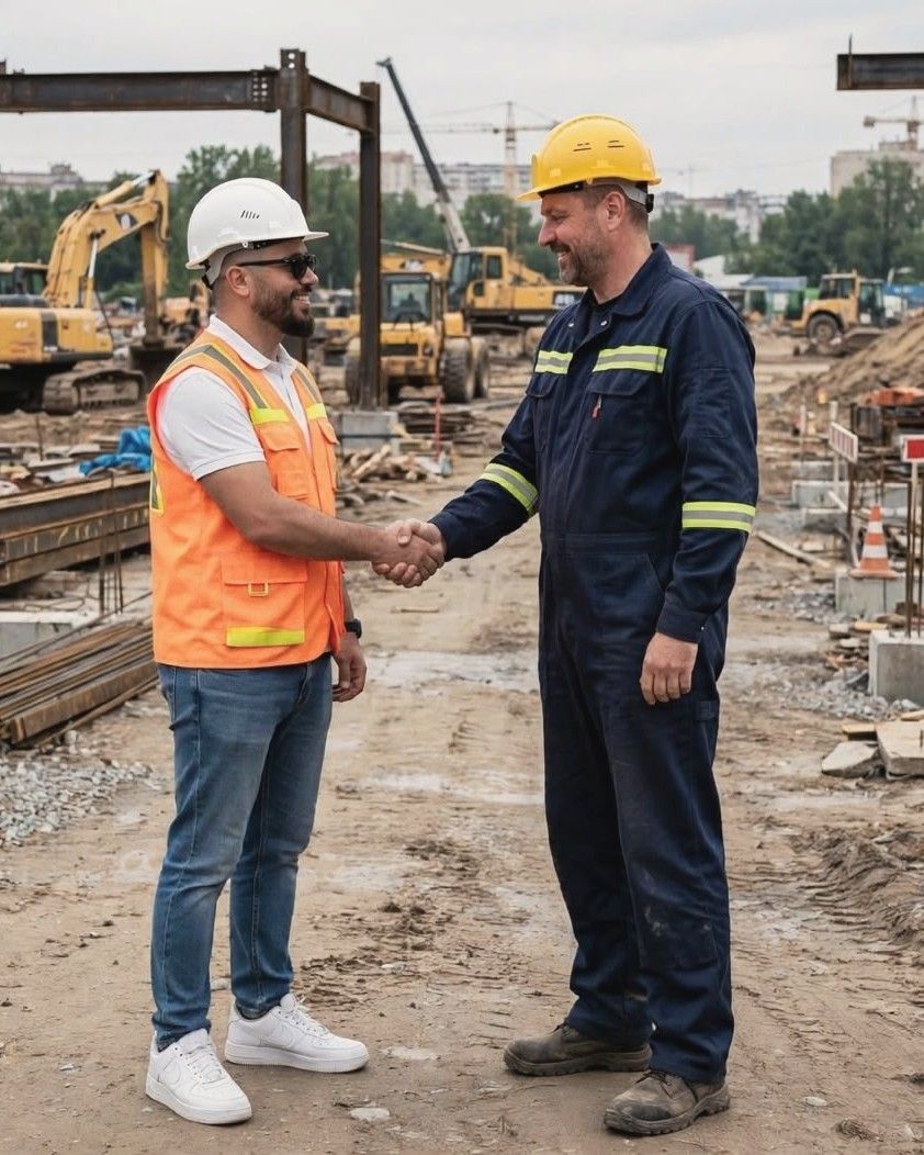 Moslim Khattoume shaking hands with a site worker in a yellow hard hat and navy overalls
