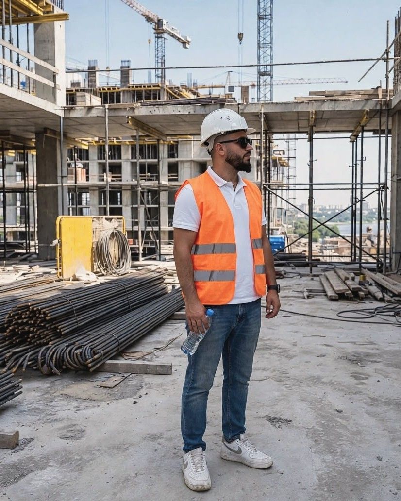 Moslim Khattoume standing on an upper floor slab among bundles of rebar and scaffolding