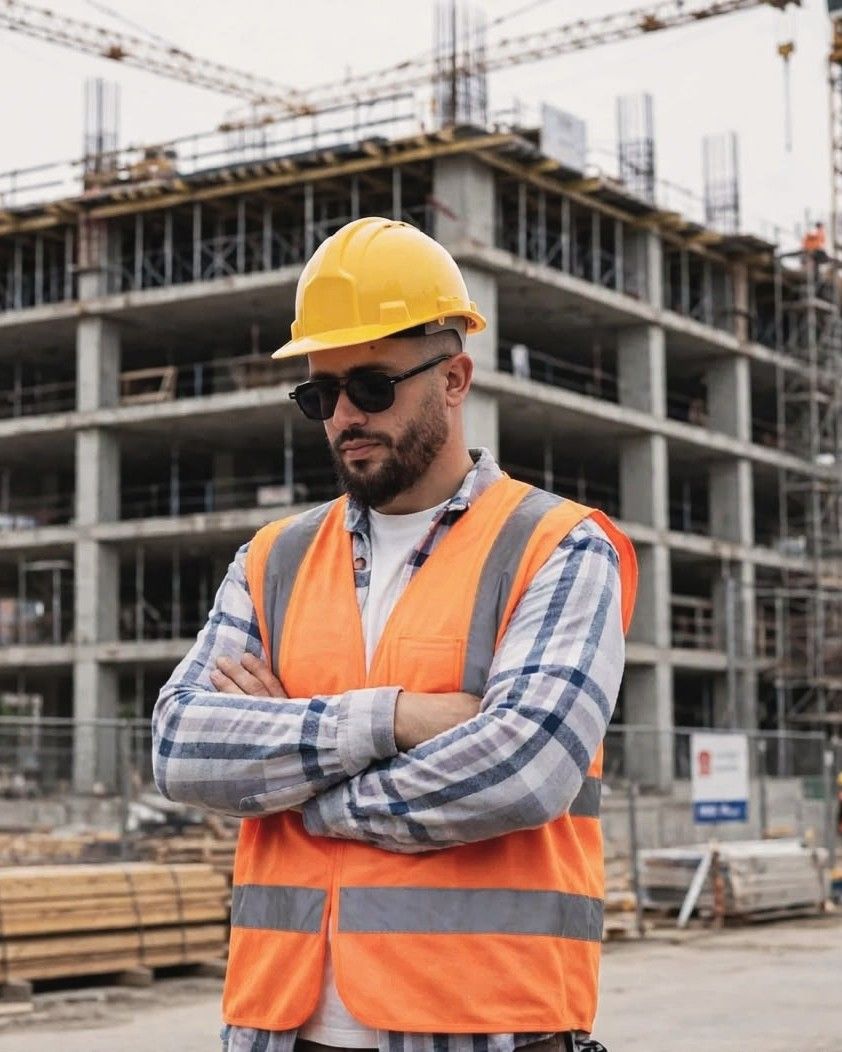 Moslim Khattoume in a yellow hard hat, arms crossed, in front of a concrete frame building under construction