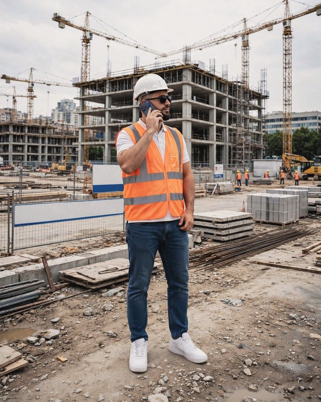 Moslim Khattoume on the phone on a construction site, wearing a white hard hat and a high-visibility vest