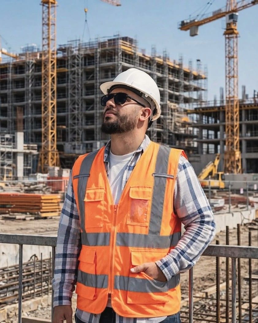 Moslim Khattoume in a white hard hat looking up at a building under construction