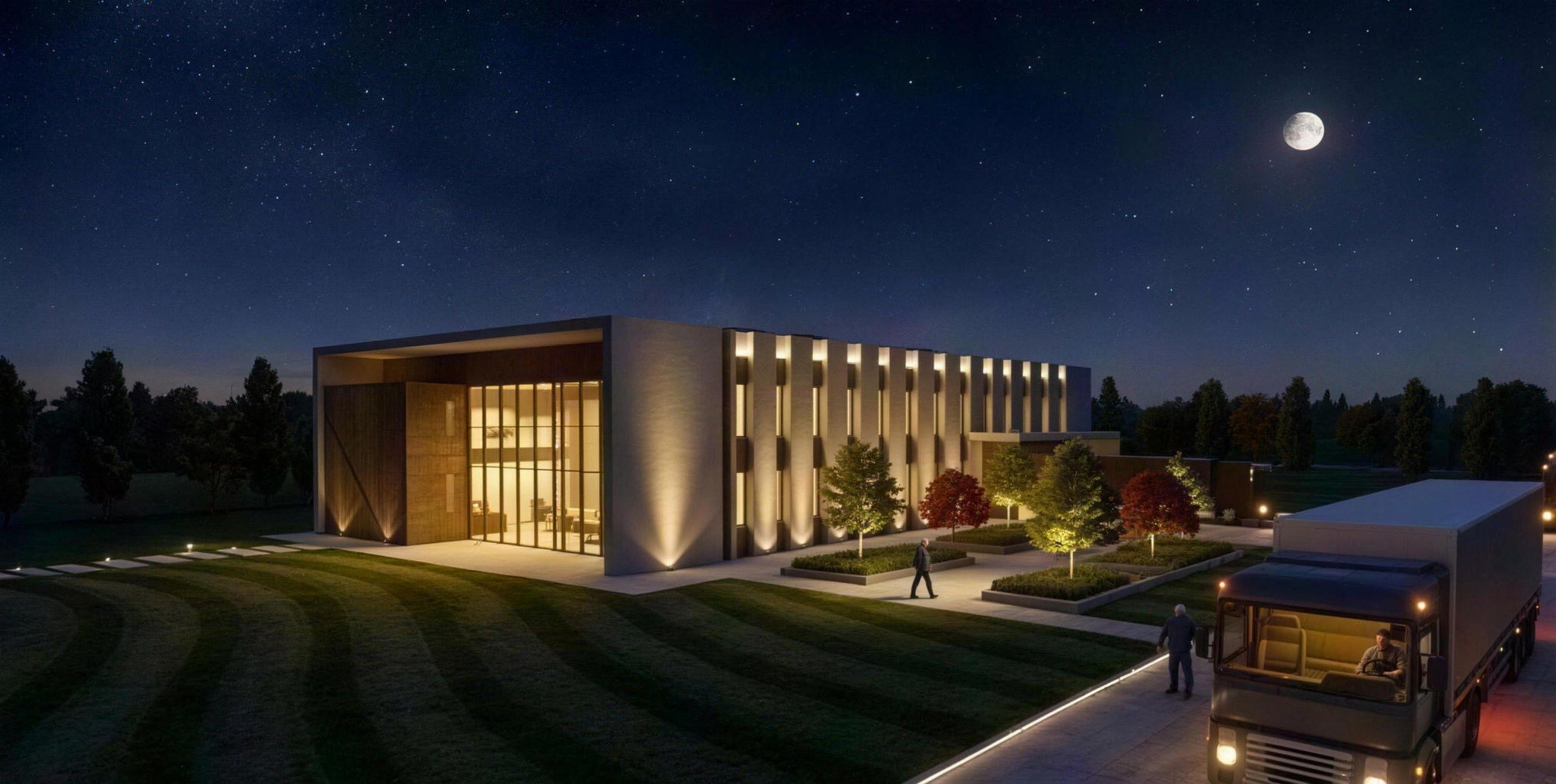 Le hangar de nuit, entrée vitrée éclairée de l’intérieur, visualisation 3D de nuit