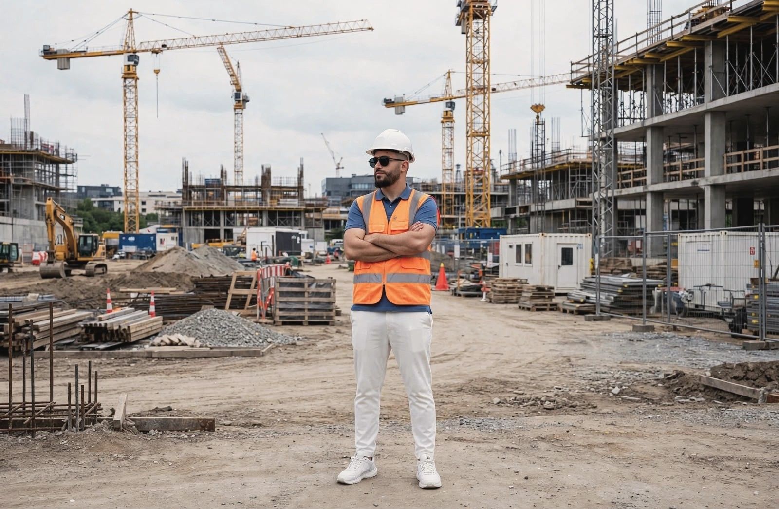 Moslim Khattoume in a white hard hat and safety vest, arms crossed, on a construction site